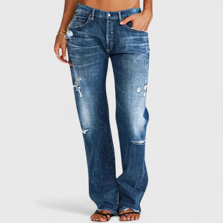 Jeans elásticos de mujer, talle bajo y pierna ancha. Pantalones cómodos de denim moderno para ropa casual femenina.