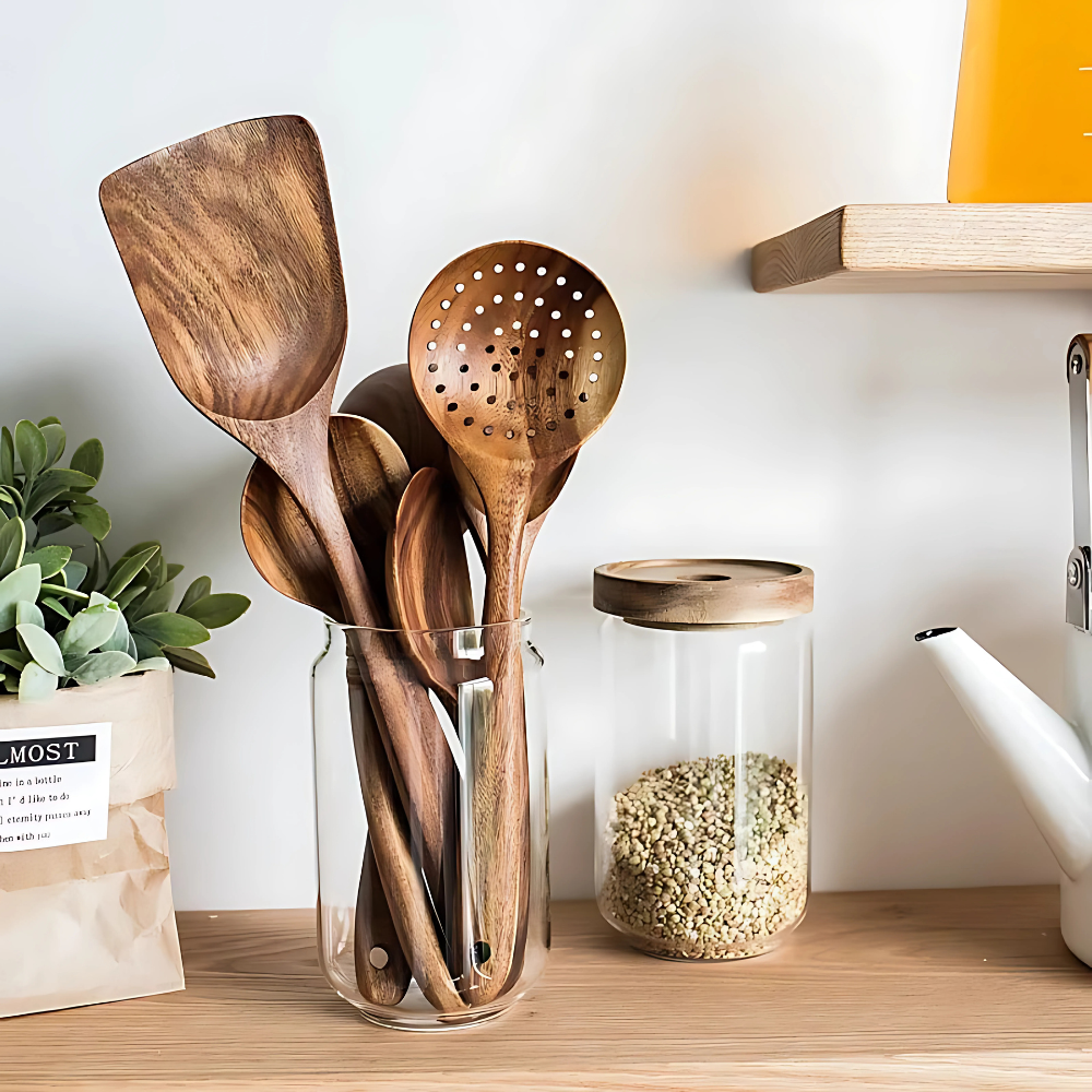 Utensilios de cocina de madera duraderos, set completo para cocinar sin rayar sartenes.