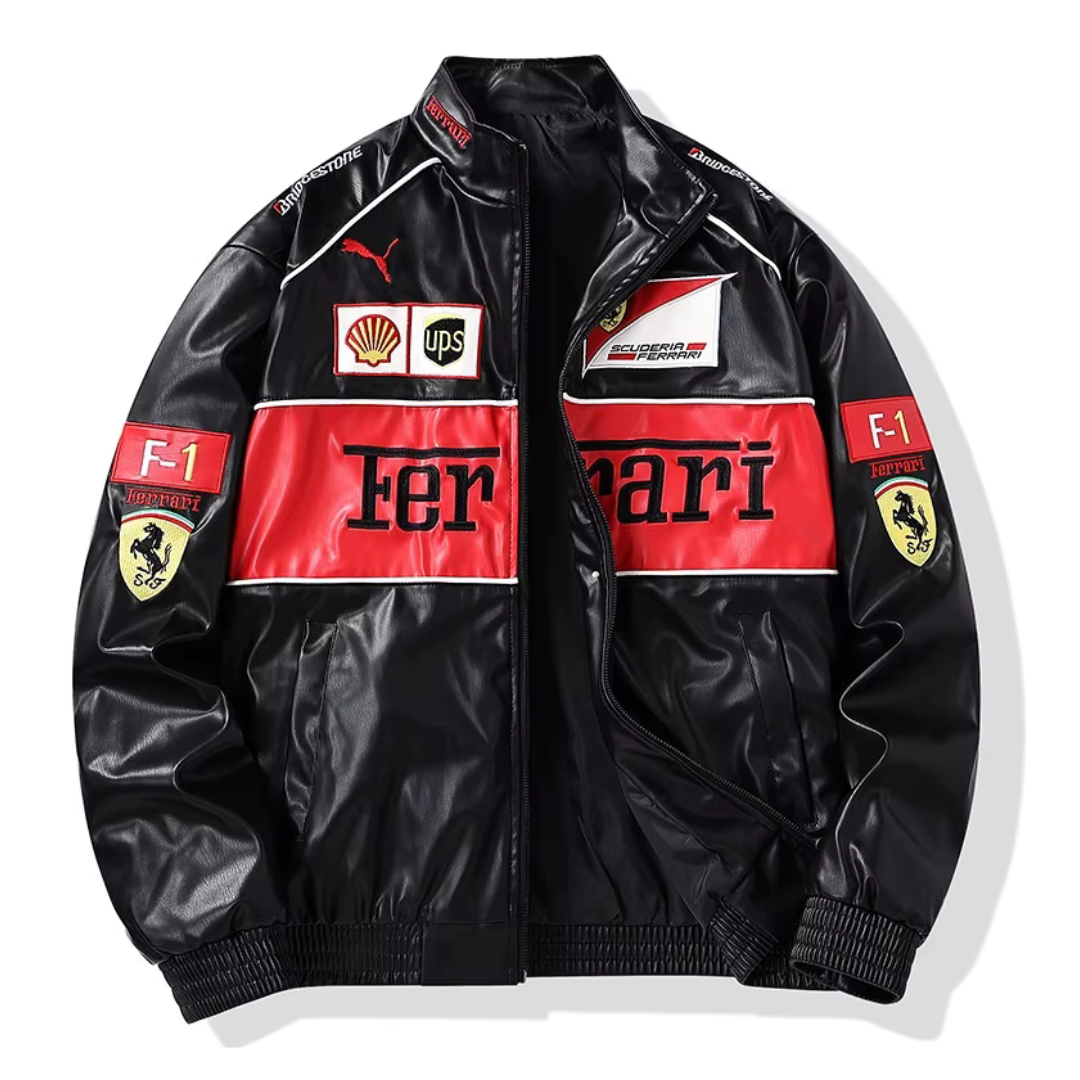 Chaqueta unisex de cuero vintage estilo carreras, color negro. Moda retro elegante y deportiva.
