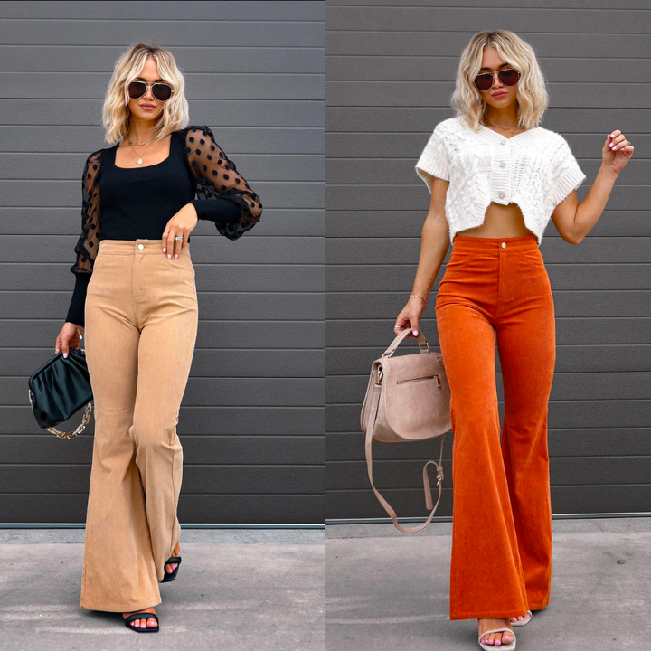 Pantalón femenino acampanado con pernera ancha, talle alto, ideal para estilizar la figura.