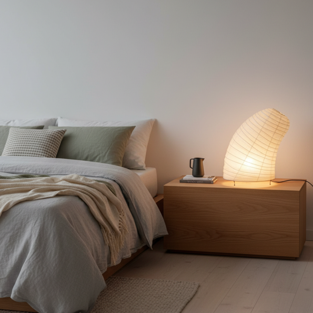 Lámpara de mesa Japandi moderna, luz ambiental para dormitorio, sala de estar. Diseño minimalista versátil.