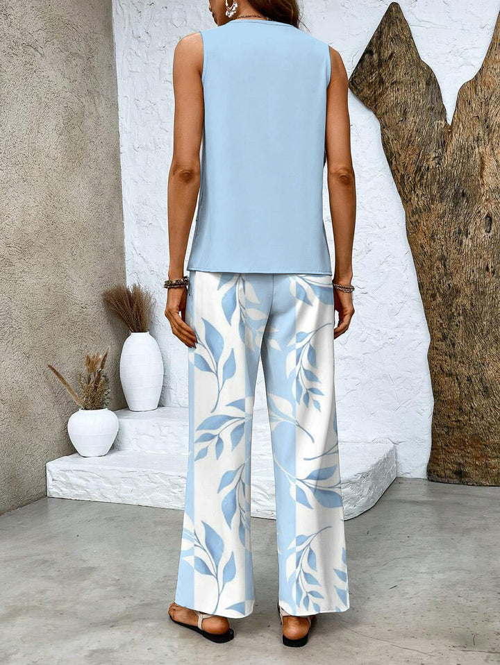 Conjunto dos piezas de verano para mujer, con blusa ligera y pantalón fluido. Ideal para comodidad y estilo chic.