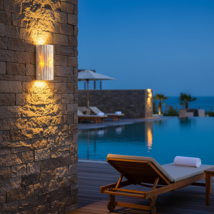 Lámpara de pared LED de travertino, iluminación exterior eficiente para jardín y patio, diseño natural.