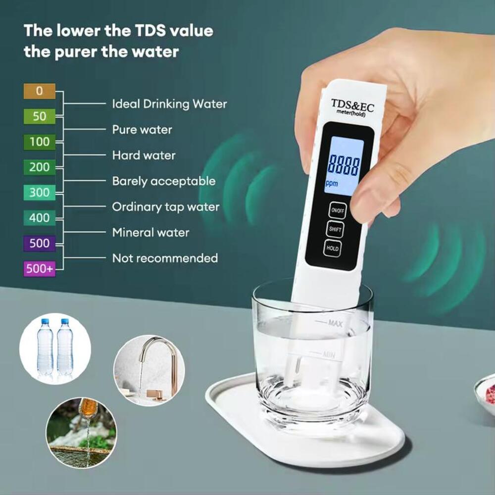 Medidor de sólidos disueltos (TDS) y conductividad eléctrica (EC) del agua. Precisión digital para acuarios y piscinas.
