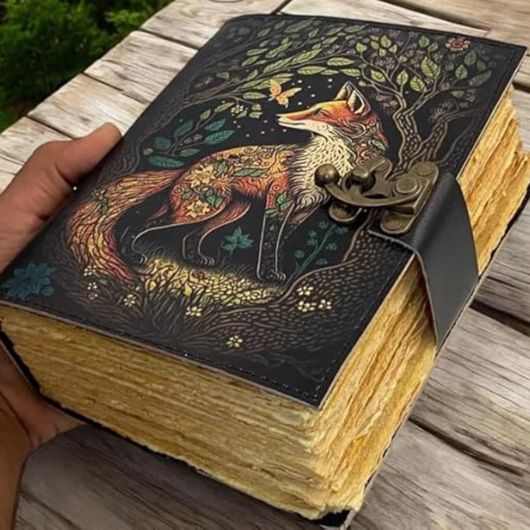 Diario de escritura en cuero genuino, artesanalmente grabado con un zorro, perfecto para notas y pensamientos.
