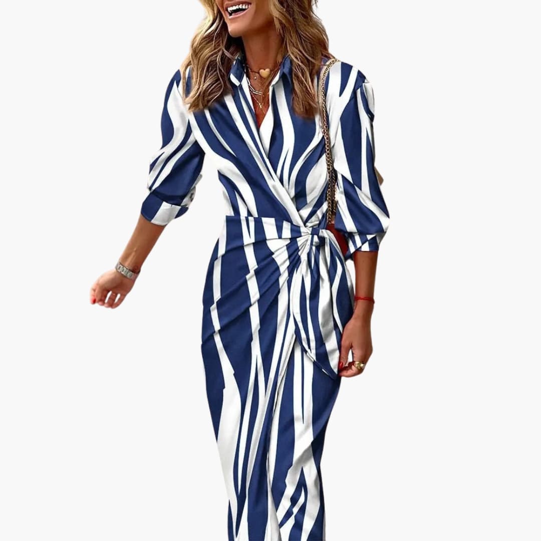 Vestido camisero midi de manga larga para mujer, diseño envolvente y cinturón. Look sofisticado.