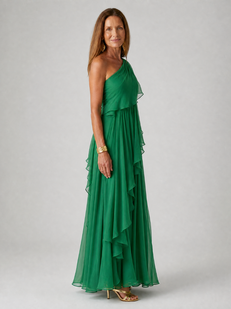 Vestido azul marino asimétrico maxi con volantes fluidos, ropa femenina elegante y moderna.