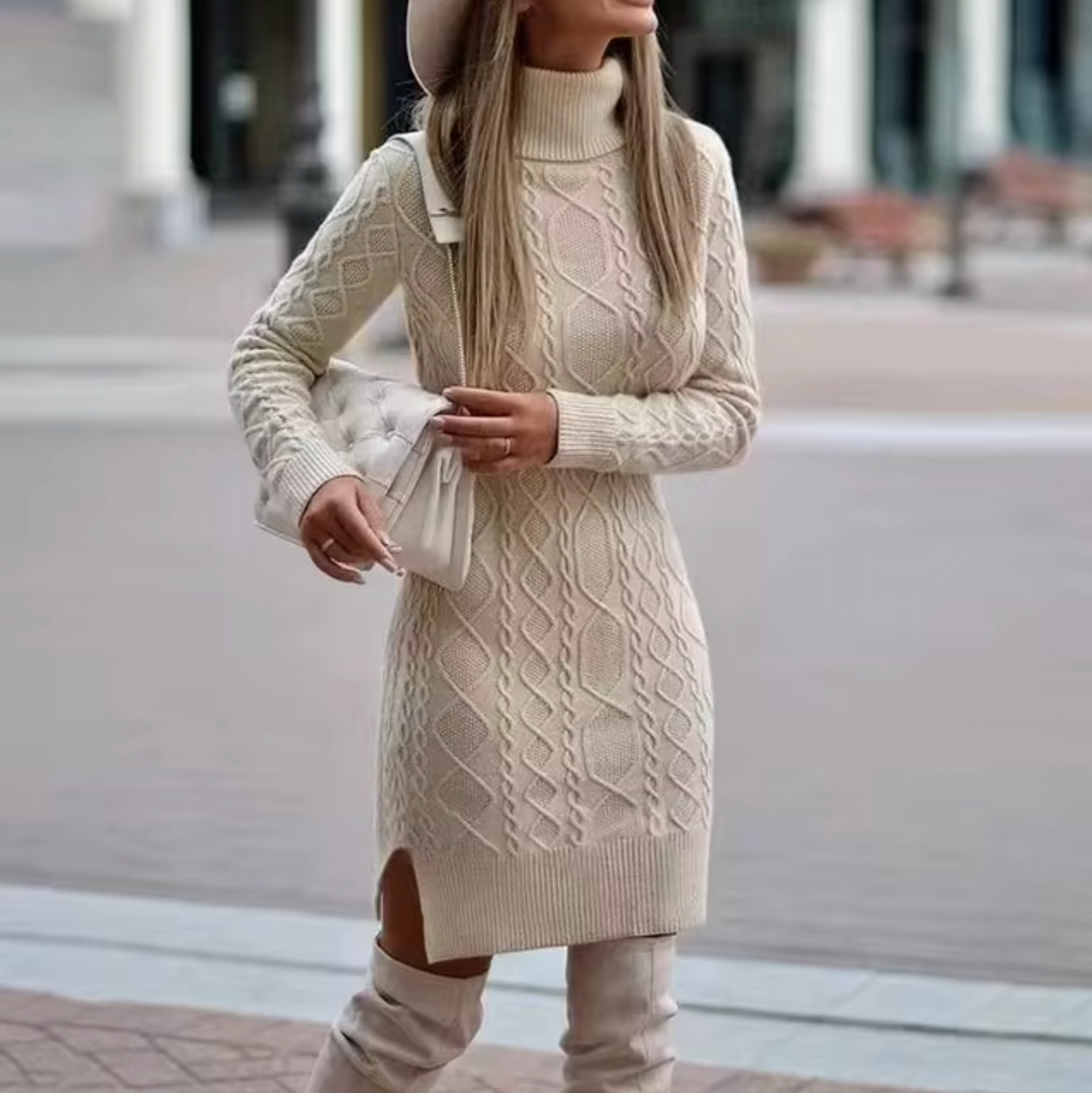 Vestido de mujer con cuello alto, suave y cálido, ideal para la moda de otoño e invierno. Estilo moderno y confortable.