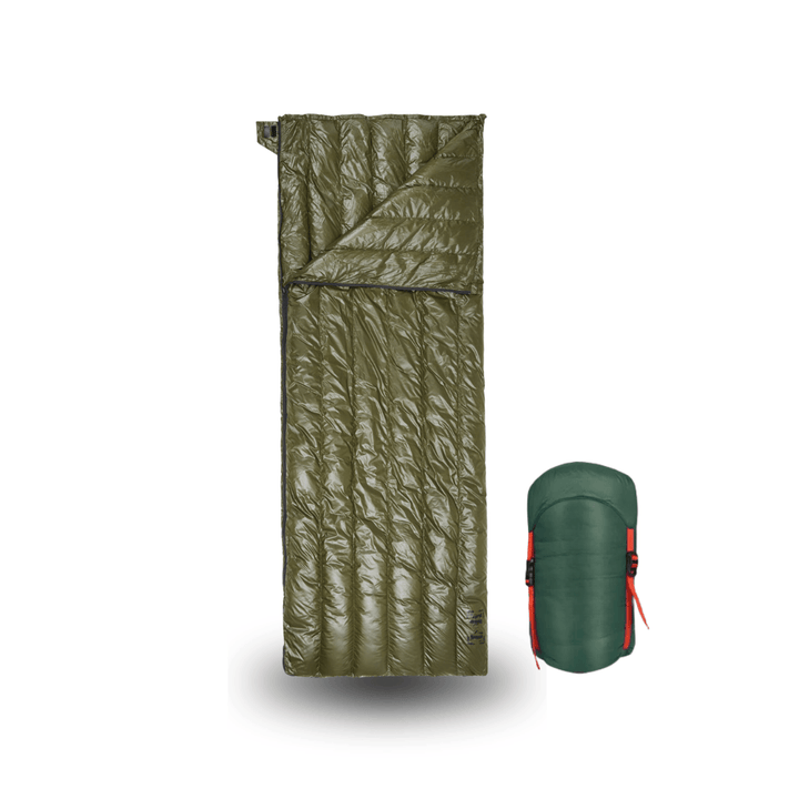 Saco de dormir verde de plumón de oca, rendimiento ultraligero 3 estaciones, ideal para camping y viaje.