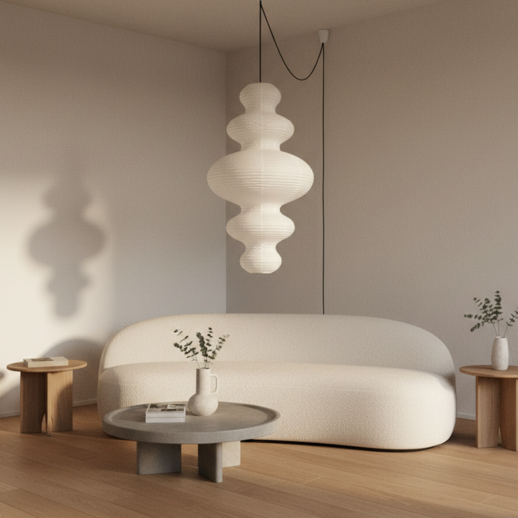 Lámpara Akari Juni para cocina, estilo Japandi. Colgante decorativo minimalista y funcional.