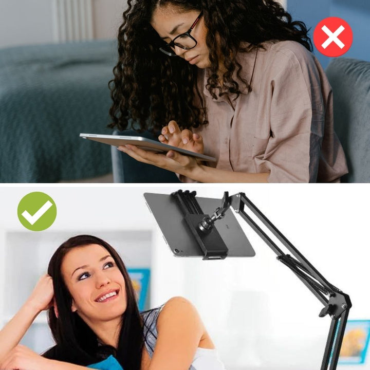 Robusto soporte de aluminio para tablet con brazo ajustable universal. Giro 360 para máxima flexibilidad.