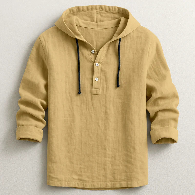 Camisa de lino blanca para hombre con capucha. Estilo casual elegante, transpirable. Moda masculina versátil para verano.