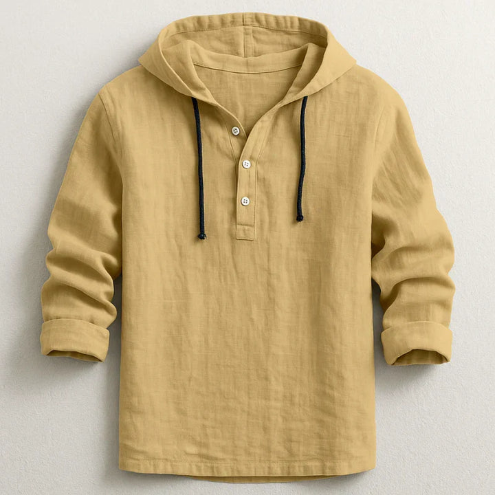 Camisa de lino blanca para hombre con capucha. Estilo casual elegante, transpirable. Moda masculina versátil para verano.