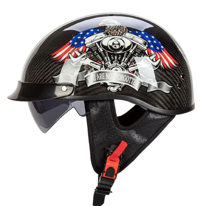 Casco ligero de carbono para moto, estilo retro abierto, diseñado para máxima comodidad en viajes largos.