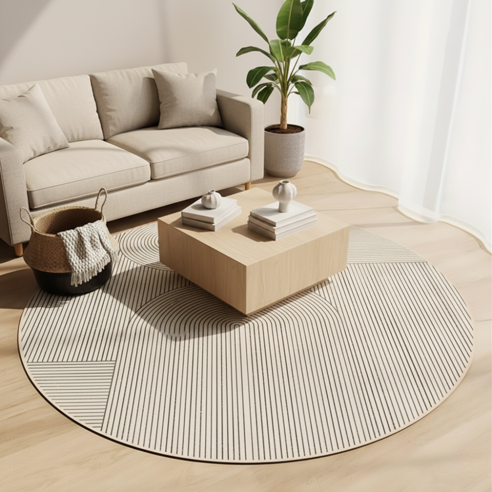 Alfombra redonda suave y minimalista para dormitorio, ideal para decorar con estilo y seguridad antideslizante.
