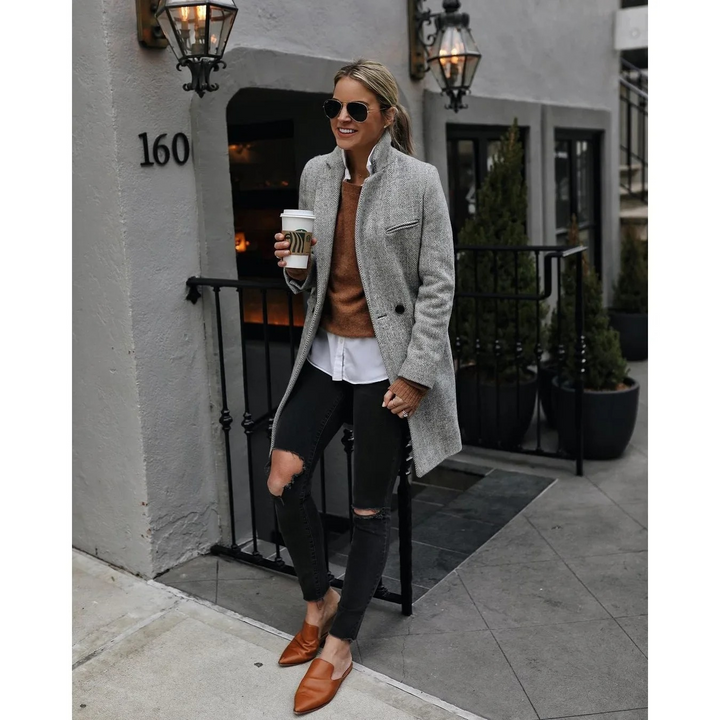 Abrigo trench de corte medio para mujer, diseño de espiga elegante y clásico.
