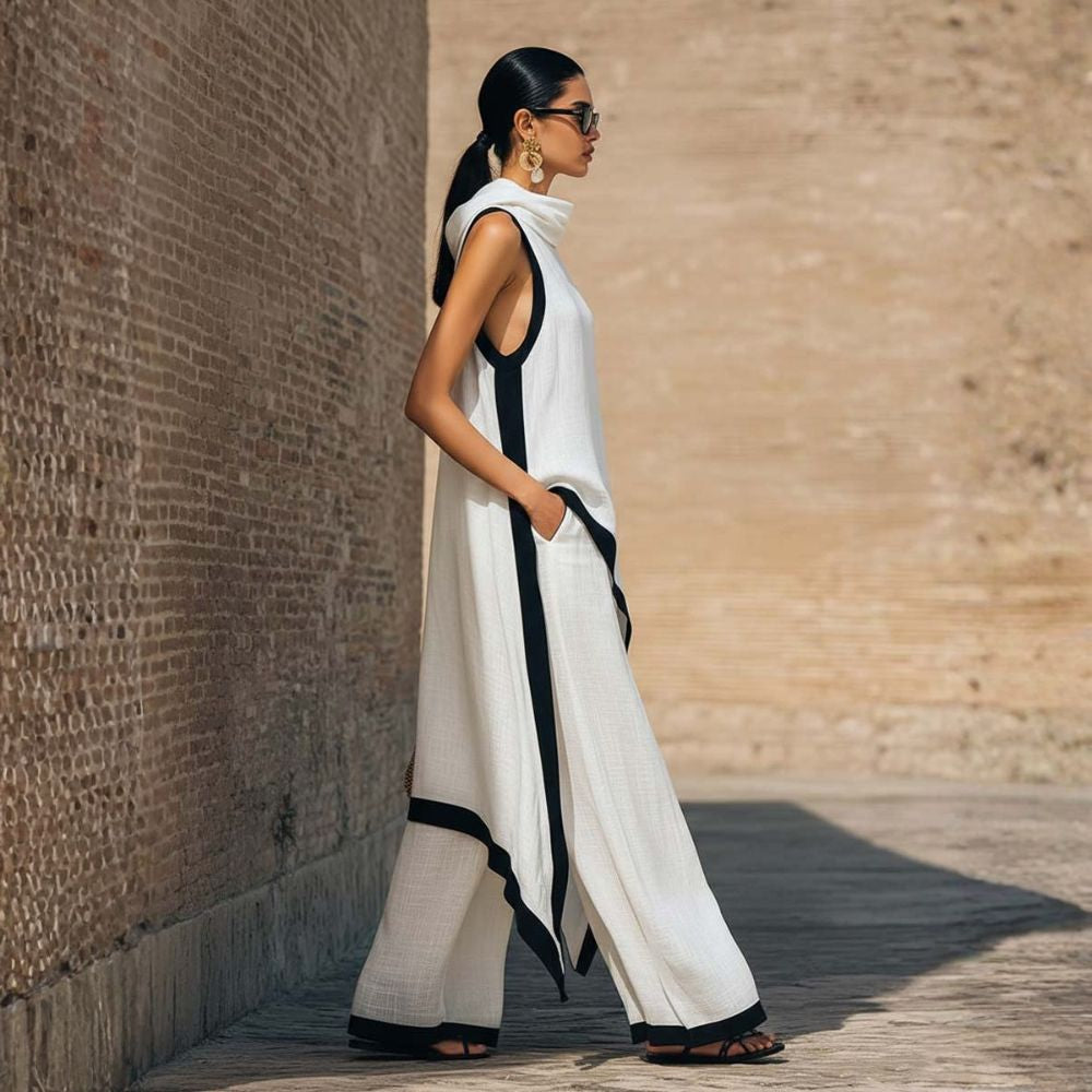 Conjunto de mujer de lino y algodón, túnica asimétrica y pantalón ancho para un look veraniego elegante y casual.