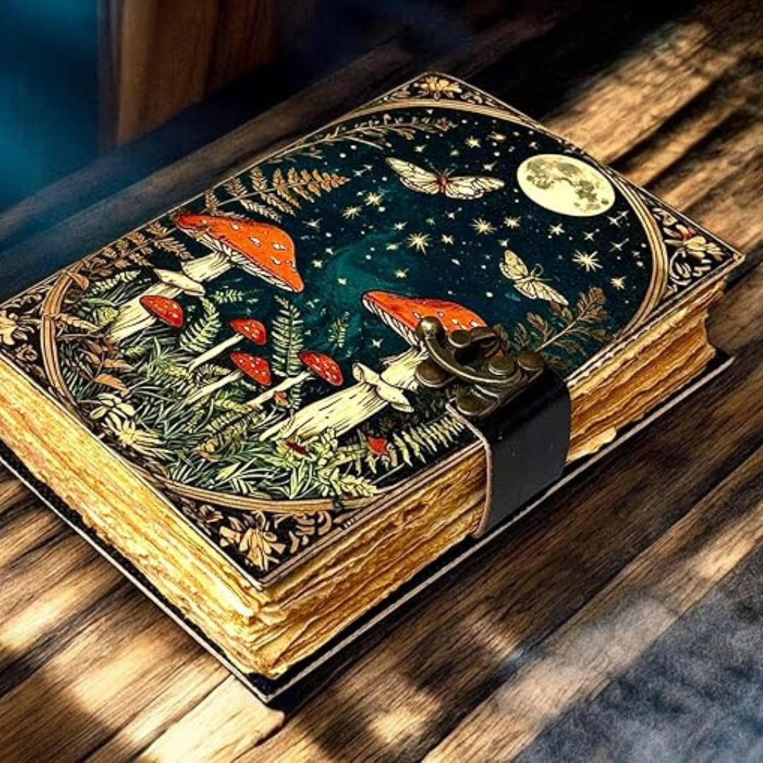 Libreta artesanal de cuero vintage con páginas en blanco, para escritura, dibujo o diario místico, 18x13 cm.