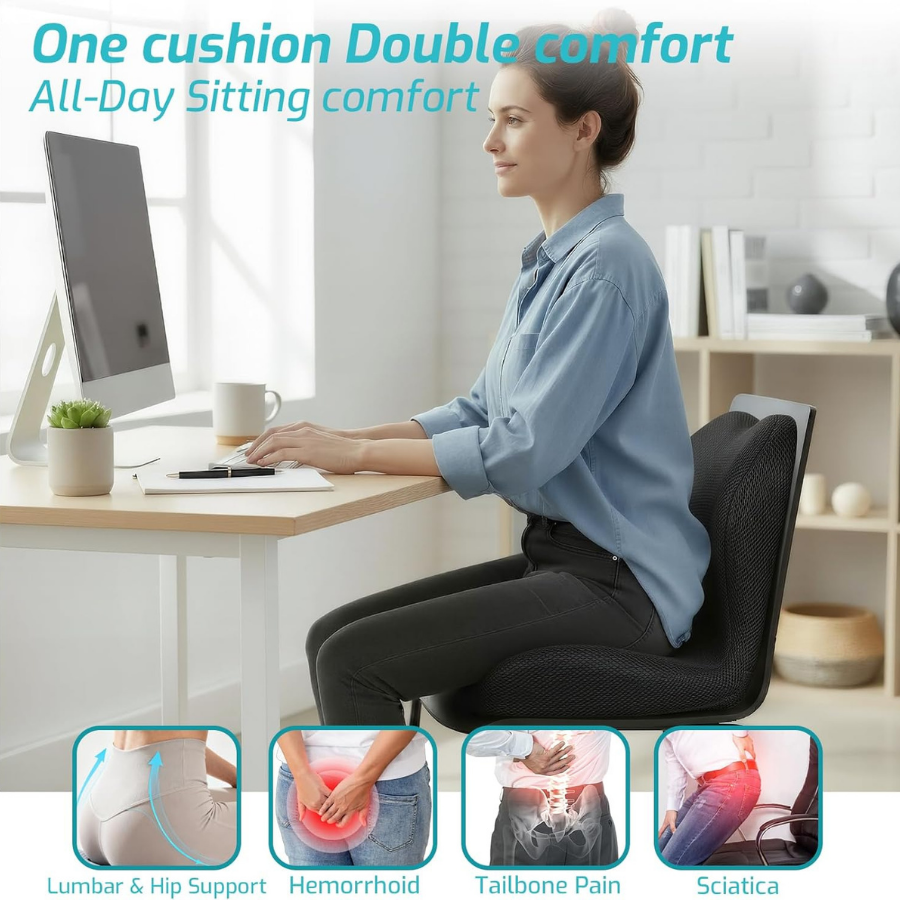 Cojín de soporte lumbar ergonómico unisex, ideal para oficina, silla y coche. Alivia dolor de espalda y mejora postura.