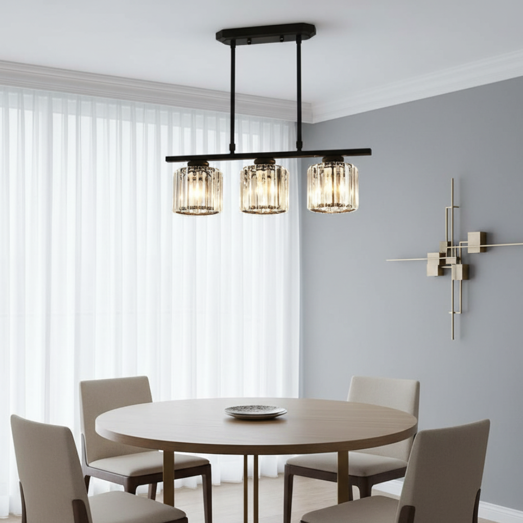 Luz colgante decorativa para cocina, diseño Art Decó con acabados en negro y oro.