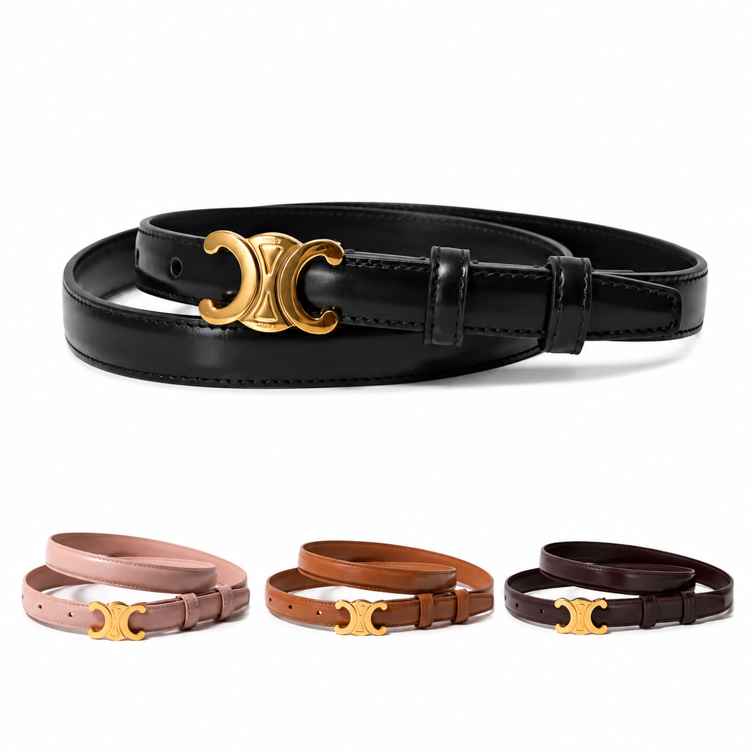 Cinturón elegante para mujer con hebilla dorada brillante, accesorio de moda ajustable.
