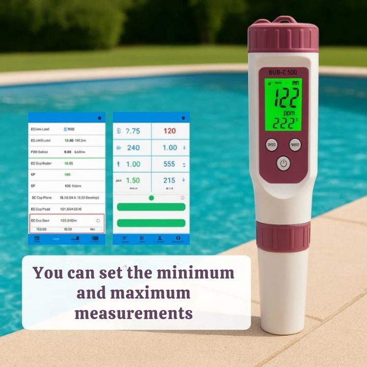 Tester digital 7 en 1 para piscinas, ideal para medir cloro, pH, alcalinidad y otros 4 parámetros clave.