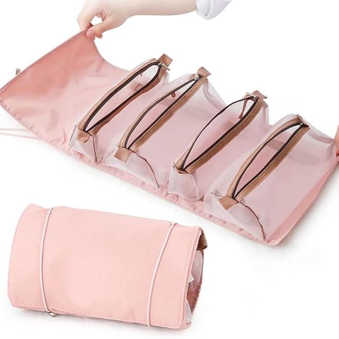 Neceser de maquillaje portátil para mujer, plegable y práctico, perfecto para viajes.