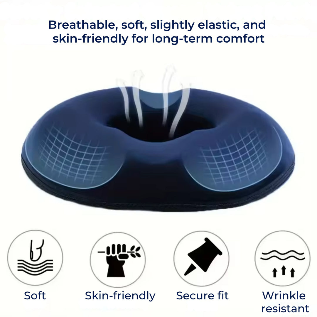 Cojín azul de asiento ergonómico para aliviar dolor de coxis, perfecto para uso en oficina o durante viajes.