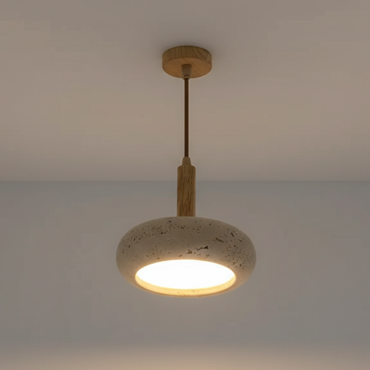 Lámpara colgante con halo de piedra, estilo minimalista y japandi. Iluminación de techo única.