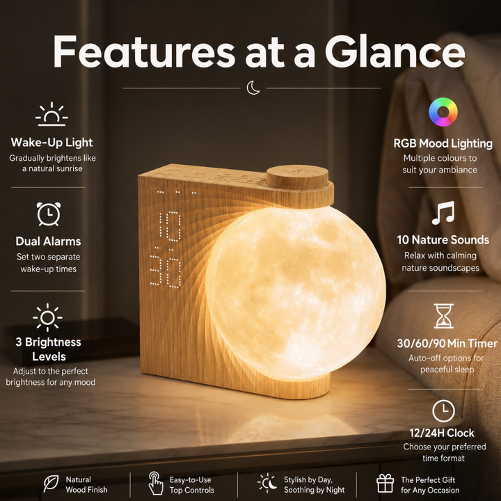 Reloj despertador para el hogar con luz de amanecer LED, promueve una rutina matutina tranquila.