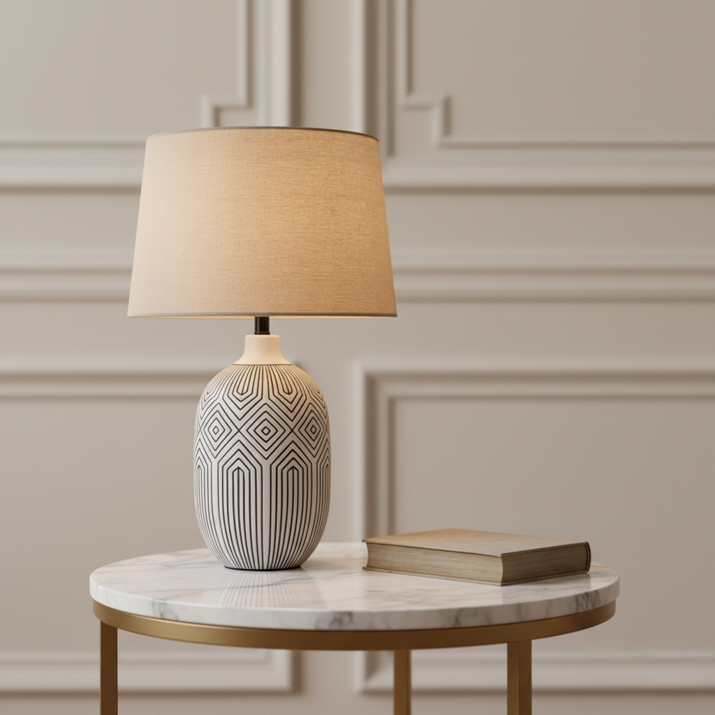 Luminaria de mesa blanca Lumera, con diseño moderno y escultural, perfecta para añadir estilo minimalista a tu sala.