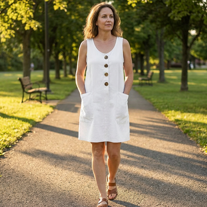 Vestido de mujer sin mangas con bolsillos, elegante y versátil para verano y primavera.