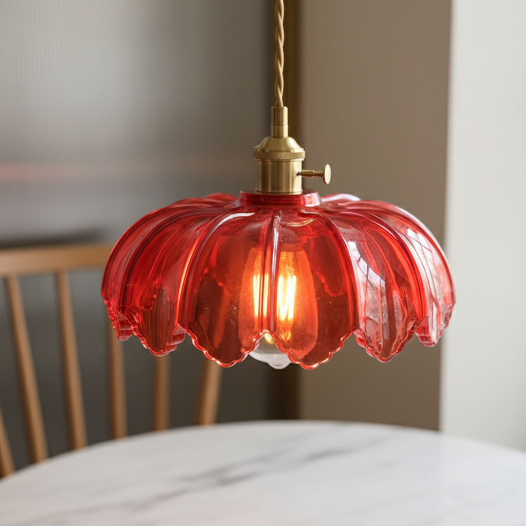 Iluminación retro para cocina. Lámpara colgante floral de vidrio que aporta luz cálida y estilo vintage.
