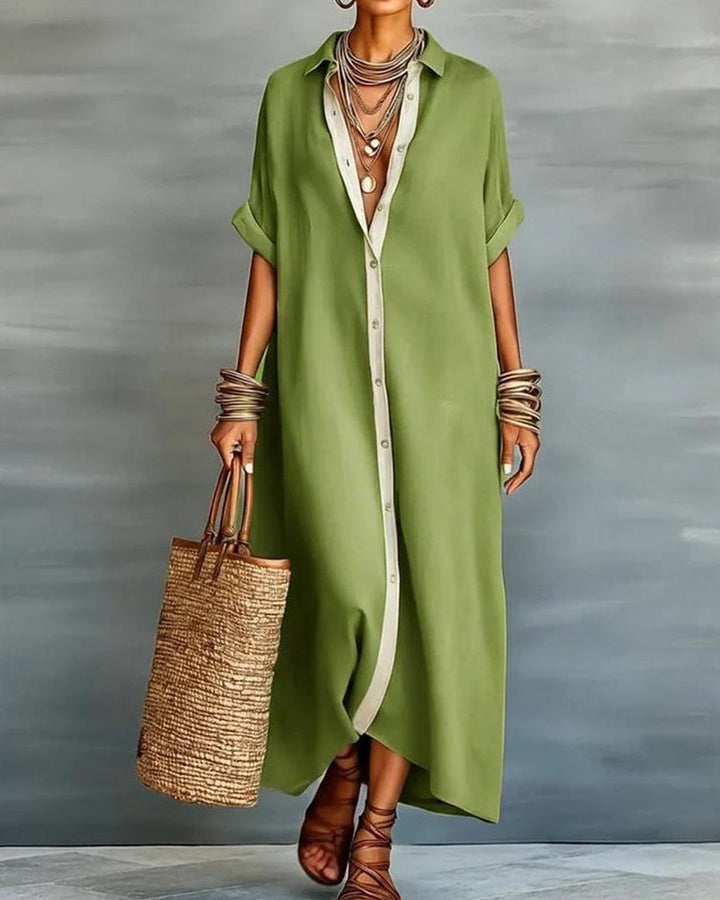 Vestido camisa de mujer con cuello notch, estilo elegante, tejido cómodo y ligero, ideal para la moda de primavera.