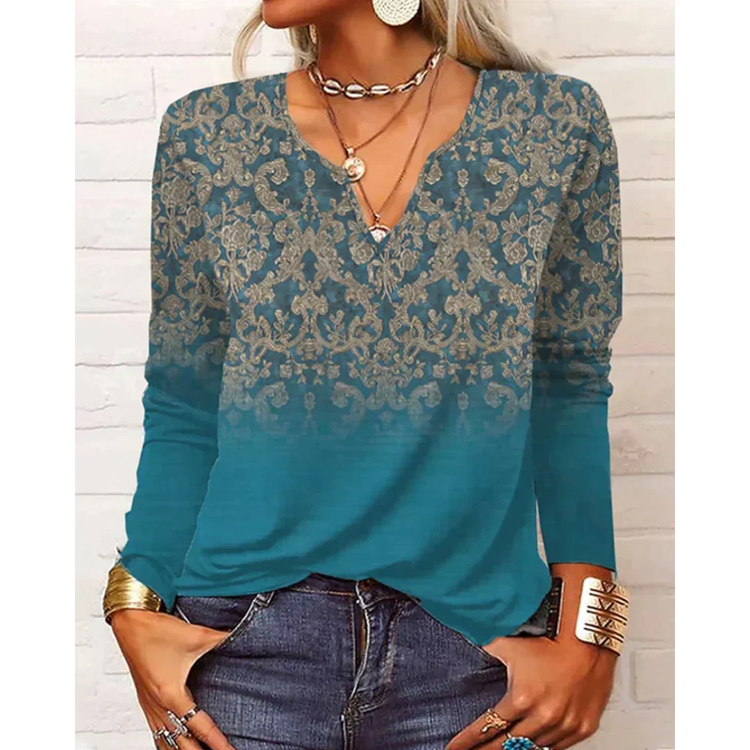 Blusa de mujer bohemia multicolor, manga larga. Perfecta para un look versátil y de moda femenina casual.