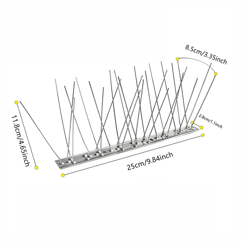 Picos duraderos de acero inoxidable, ideales para control de aves en negocios, propiedades y balcones.