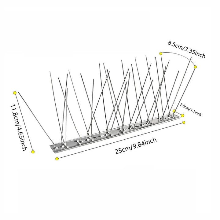 Picos duraderos de acero inoxidable, ideales para control de aves en negocios, propiedades y balcones.