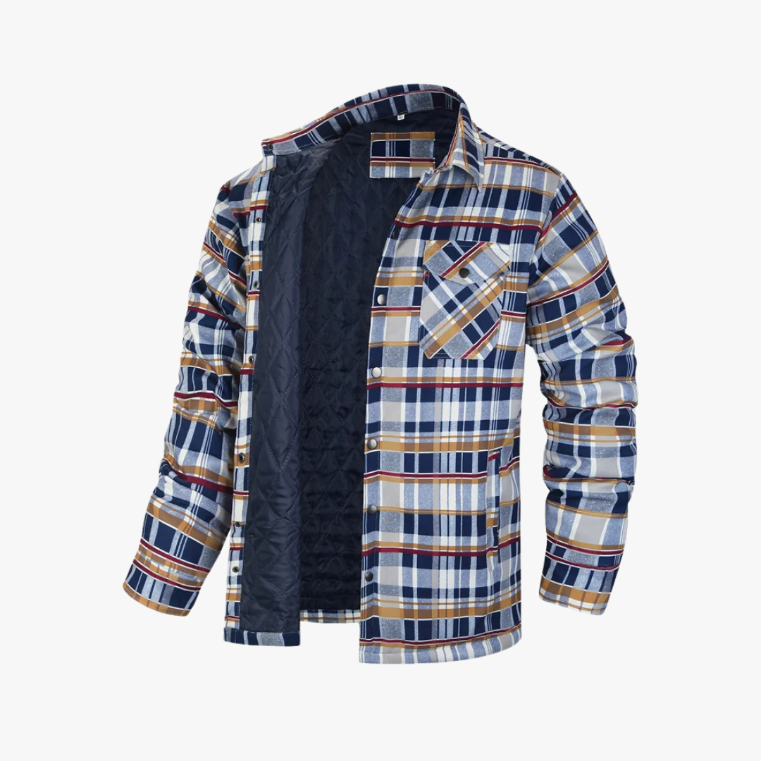 Camisa térmica a cuadros en tonos neutros para hombre, perfecta para moda masculina de invierno casual.