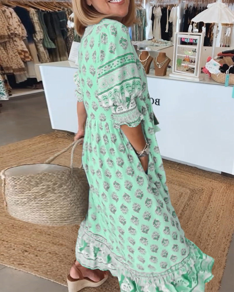 Vestido casual chic para mujer, largo, bohemio, con capas y escote en V. Ideal para el día.