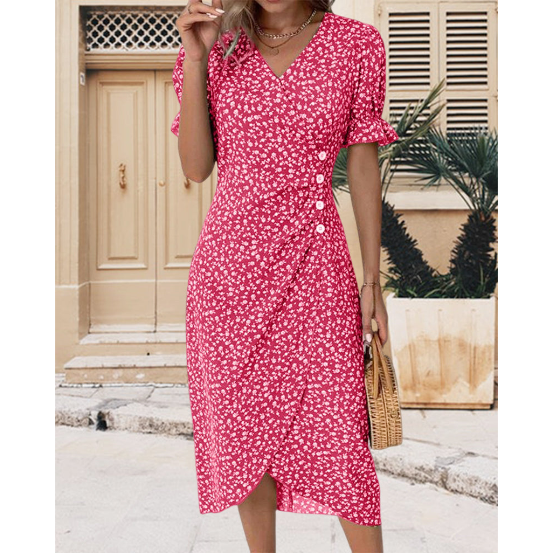 Vestido cruzado para mujer, escote en V y lazo en cintura. Estilo casual y fiesta, moda femenina.