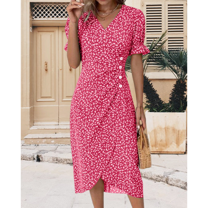 Vestido cruzado para mujer, escote en V y lazo en cintura. Estilo casual y fiesta, moda femenina.