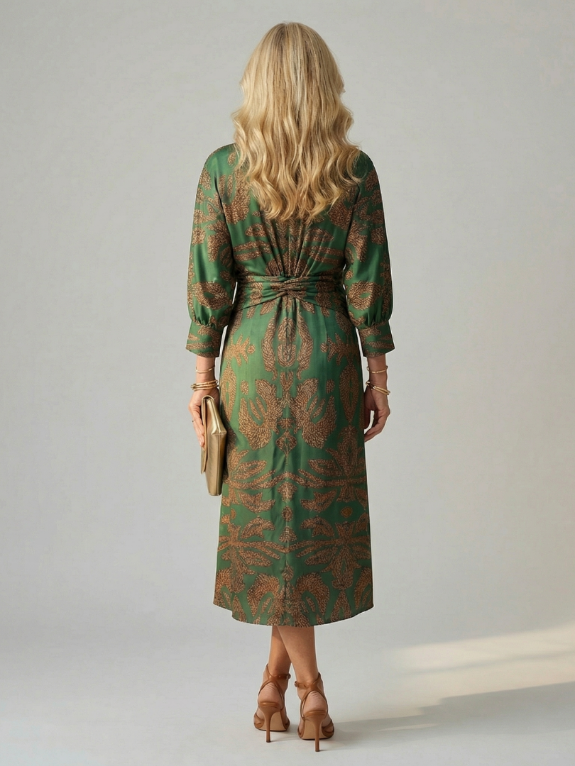 Vestido midi mujer con corte cruzado frontal y cintura ajustada, perfecto para un estilo elegante.