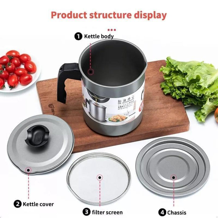 Olla de cocina con filtro de malla fina para grasa de aceite. Diseño de 1.4L, asa segura, acero inoxidable.