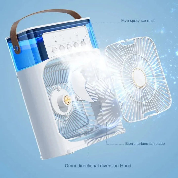 Dispositivo portátil de enfriamiento de aire, humidificación y purificación para uso personal.