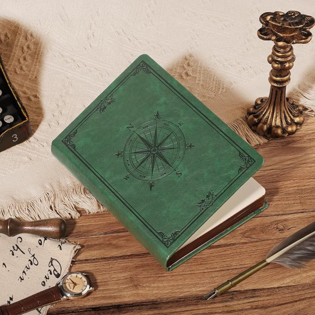 Cuaderno A5 de cuero vintage, páginas numeradas para escritura, notas, planificación y creatividad.
