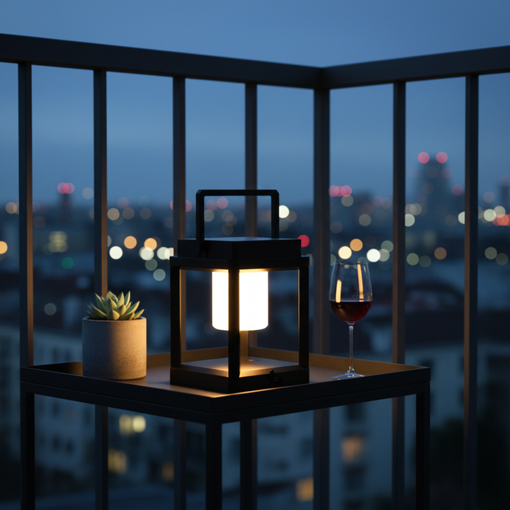 Foco solar LED para terraza, brillo ajustable, energía limpia y eficiente para noches al aire libre.