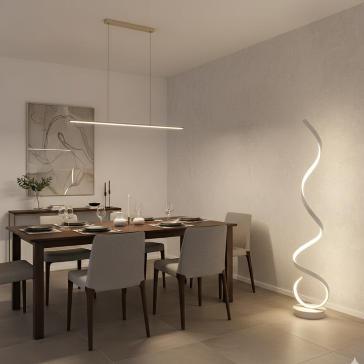 Iluminación moderna: lámpara de pie LED regulable con estética espiral única para salones.