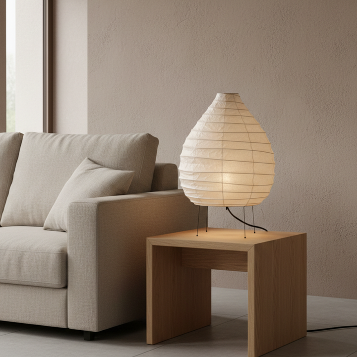 Lámpara Japandi estilo Wabi-sabi, diseño minimalista japonés para iluminación moderna del hogar.