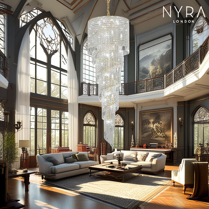 Candelabro Ardmore, vista de cerca de los cristales y acabado cromado, ideal para iluminación de escaleras.