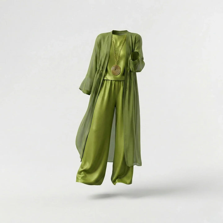Conjunto de tres piezas cómodo y fluido para mujer: top sin mangas, pantalón ancho y cárdigan. Moda femenina versátil.